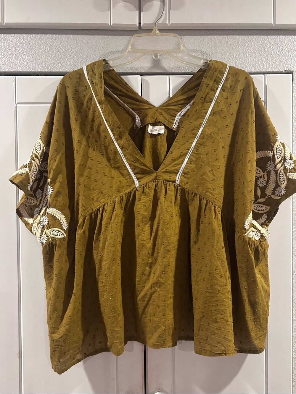Cost Plus World Market Mustard Top with Cream Floral Embroidery
